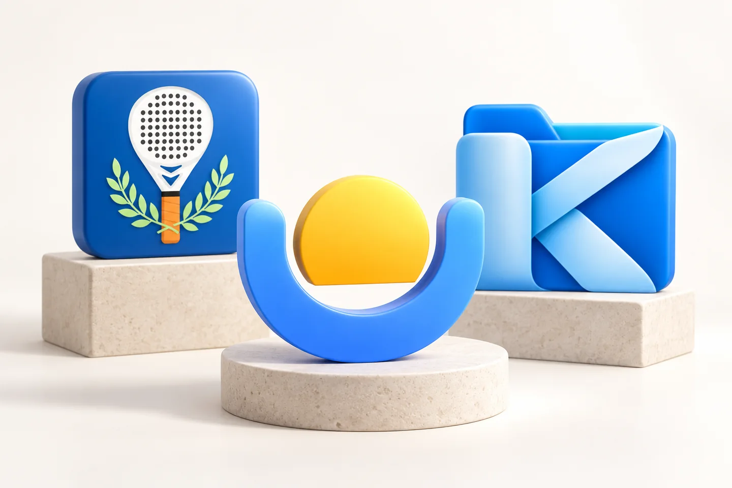 Padel TM, Until Payday and Koden Explorer icons on pale stone plinths