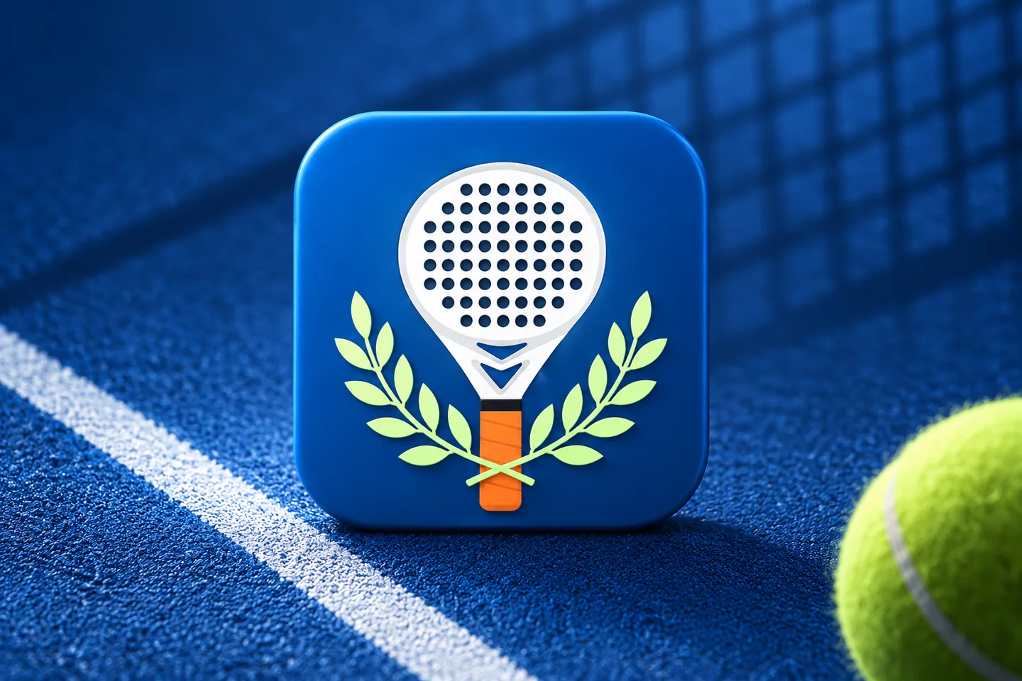 Padel TM on a blue padel court, with net shadows and a lime ball